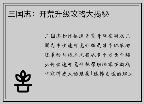 三国志：开荒升级攻略大揭秘