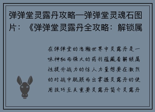 弹弹堂灵露丹攻略—弹弹堂灵魂石图片：《弹弹堂灵露丹全攻略：解锁属性，提升战力》